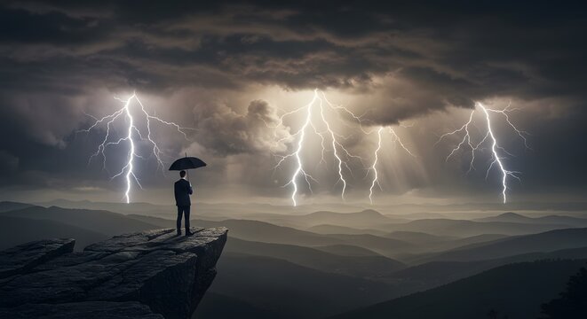 Man with Umbrella on Cliff Watching Multiple Lightning Strikes in Stormy Mountains
