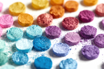 Close-up view of colorful eyeshadow palettes, showing various shades and textures.