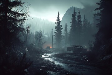 A foggy, desolate landscape with trees, a muddy road, and abandoned vehicles.