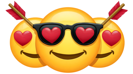 Three emojis with hearts and arrows on transparent png background
