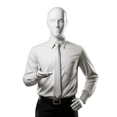 Male mannequin in a white dress shirt and black pants offering something isolated on transparent background