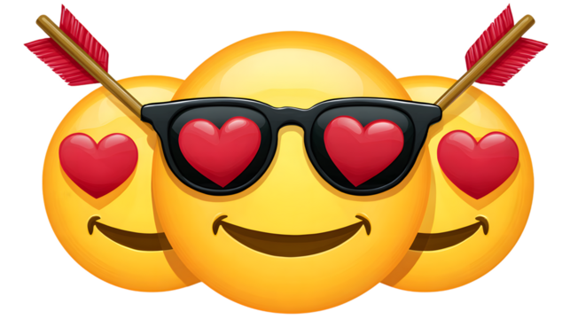 Three emojis with hearts and arrows on transparent png background