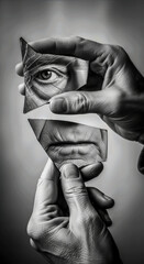 Hands hold shattered mirror with face reflection, indoors. Artistic shot of fragmented identity and trauma. Psychological concept, broken self, identity crisis.