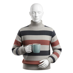 Mannequin wearing a striped turtleneck sweater holding a cup isolated on transparent background studio shot
