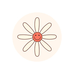 Groovy daisy with happy smile on flat orange sticker, retro y2k flower seal in circle shape sticker. Joyful detail for package or lid, perfect for cheerful product seal use.