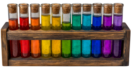 Colorful liquids in glass tubes on wood on transparent png background