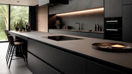 Sleek modern kitchen with matte black finishes, captured from a wide-angle view. Ambient lighting enhances the minimalist style, ideal for a lifestyle video. Live desktop wallpaper.