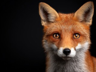 front facing portrait of red fox against dark background