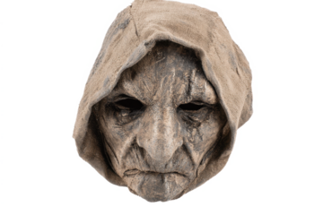 Creepy mask with hood, scary face, Halloween costume.