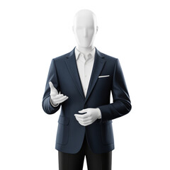 Studio shot of a male mannequin wearing elegant navy blue suit isolated on transparent background
