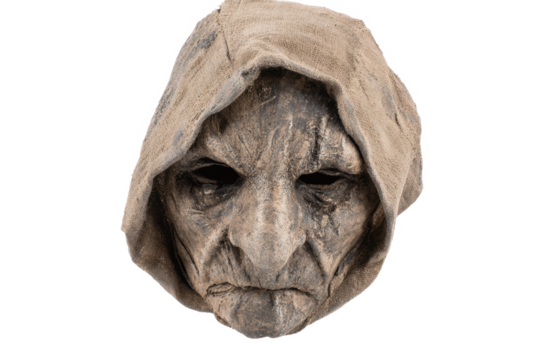 Creepy mask with hood, scary face, Halloween costume.