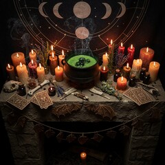 Halloween altar with Witches' pot on fireplace, candles and mystical occult symbols