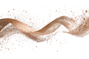 A dynamic swirl of light brown particles, possibly sand or dust, creating an abstract wave against a clean white background.