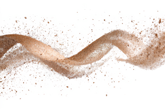 A dynamic swirl of light brown particles, possibly sand or dust, creating an abstract wave against a clean white background.