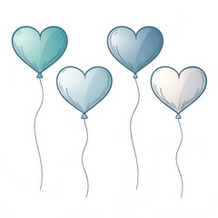 Four blue heart balloons with strings, isolated on white background