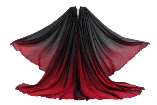 A flowing black and red ombre cape with a dramatic train, spread wide open.