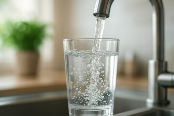 Close-up of a glass being filled with fresh water from a modern kitchen faucet, with visible bubbles and blurred background for depth.