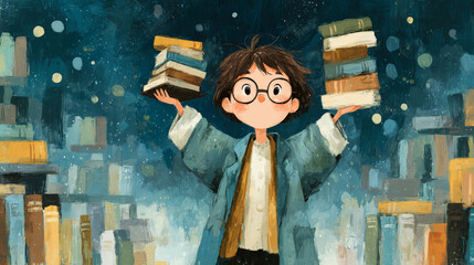 Whimsical young librarian juggling stacks of books, cute character with round glasses on painterly background