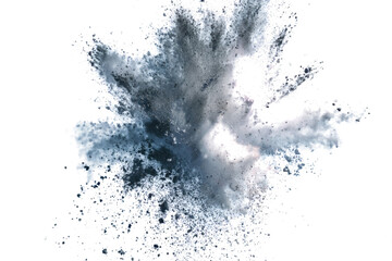 Obraz premium A dynamic explosion of dark grey and white powder against a stark white background, creating a sense of energy and motion.