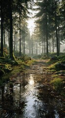 Obraz premium Forest path with rain reflections