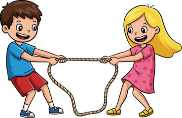 Cartoon children playing tug of war, boy and girl pulling rope, fun kids activity, outdoor competition, teamwork challenge, childhood game