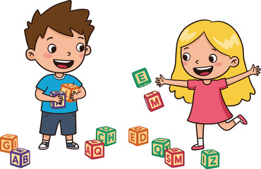 Cartoon children playing with alphabet blocks, boy and girl learning letters, educational toys, fun kids activity, preschool learning, childhood play