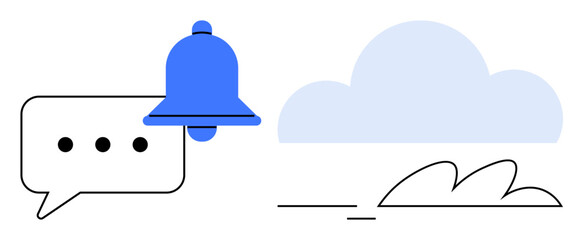 Chat bubble with three dots and blue notification bell beside a cloud and minimal line details. Ideal for communication, cloud storage, messaging, updates, alerts, notifications, minimalism. A simple