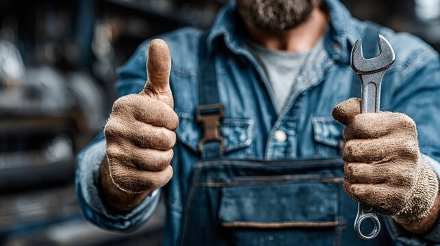 Experienced mechanic wearing work overalls and gloves, holding a spanner while giving a confident thumbs up, representing quality service and job satisfaction