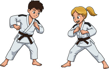 Cartoon children practicing martial arts, boy and girl in karate uniform with black belt, karate training, sports discipline, self defense, action illustration