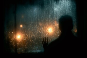 Silhouette by a rain speckled window gazing at blurred city lights at night, evoking moody, contemplative solitude and quiet introspection in an urban interior