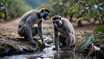 Obraz premium Black-footed gray langur drinking near small stream at edge of orchard