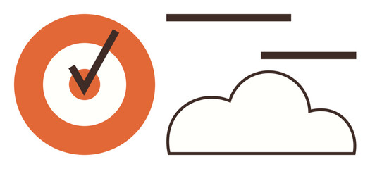 Orange target with checkmark and outlined cloud with lines indicating speed or connectivity. Ideal for goals, productivity, cloud computing, internet services, connectivity, success, efficiency