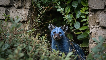 Blue duiker hiding among dense brush behind garden wall