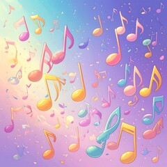 Pastel music notes rain on a soft gradient background