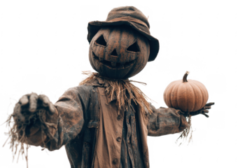 A spooky scarecrow with a carved pumpkin head, wearing a hat, and holding a small pumpkin.