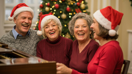 Group of Smiling Seniors Wearing Santa Hats Playing Piano During the Holiday Season