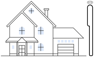 Large contemporary house with garage, windows, and chimney next to a coin and pipe suggesting savings, investment, or budgeting. Ideal for real estate, finance, architecture, housing mortgage