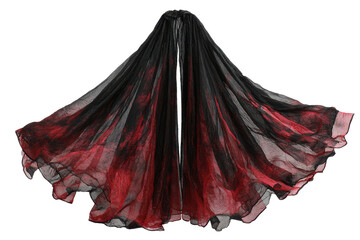 A sheer black and red tie-dye or ombre scarf made of lightweight, flowing fabric, spread out like wings against a plain white background.