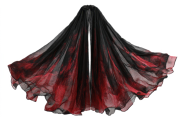A sheer black and red tie-dye or ombre scarf made of lightweight, flowing fabric, spread out like wings against a plain white background.