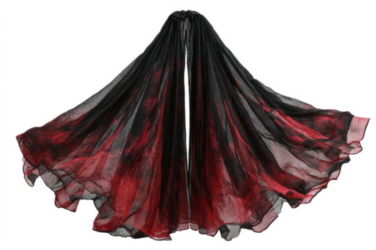 A sheer black and red tie-dye or ombre scarf made of lightweight, flowing fabric, spread out like wings against a plain white background.