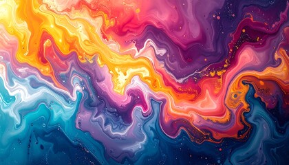 An abstract swirling composition featuring vibrant hues of blue, orange, pink, purple, and yellow blending smoothly