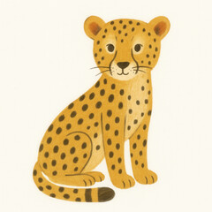 Cute watercolor illustration of a sitting baby cheetah with black spots and soft expression on light background