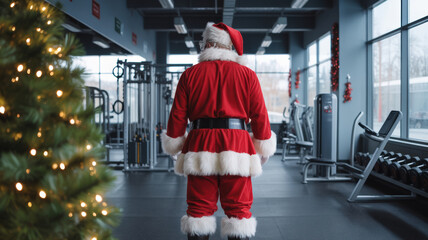 Santa Claus Standing in a Gym with Exercise Equipment and a Decorated Tree Nearby