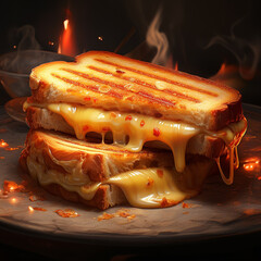 Grilled sandwich, bread with ham, cheese, mortadella, turkey breast, warm, melting cheese, toasted bread, breakfast, bakery.