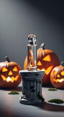 Clear glass perfume bottle with spooky pumpkin background on stone
