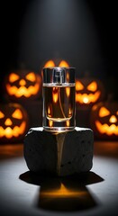 Minimalist perfume bottle on stone pedestal with glowing pumpkins