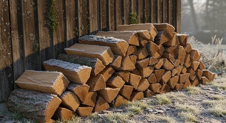 Stacked firewood covered in frost beside wooden wall in winter  