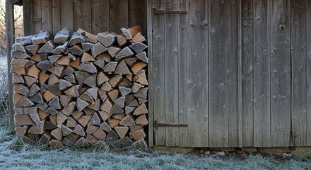 Stacked firewood beside a wooden shed in a frosty environment  
