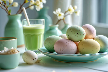 Pastel easter eggs on a plate with green smoothie and vases of flowers on a white table setting