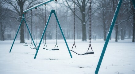 Empty swings in snowy park during winter season  